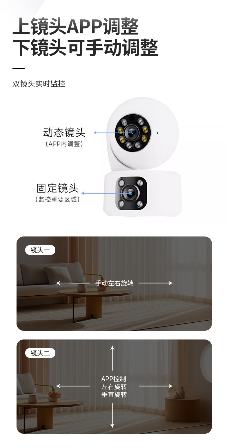 360度高清全彩夜视家用双画面监控摄像头
