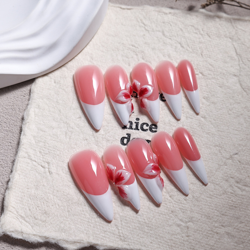 10Pcs3Cm Long Pointed Big Red French Carved Export European and American Pure Handmade Press-On Fake Nails