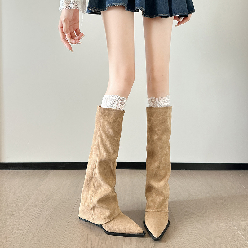 Sheepskin Version ~ 2025 New French Pointed Toe Thick Heel Mid-Calf Boots Slimming Look Hot Girl Suede Knight Boots Women's Shoes