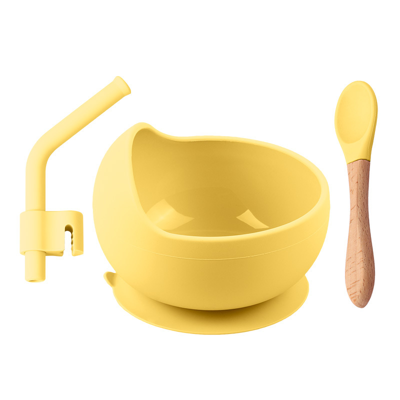 구형 실리콘 그릇 [노랑] + 나무 손잡이 스푼 + 빨대