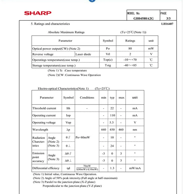 GH04580A2G 450нм 80мВт лазерный диод Blu -ray лазерный диод Sharp