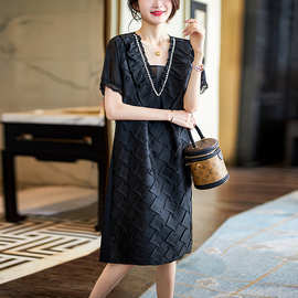 胖妹妹黑色连衣裙夏装新款大码女装宽松遮肉显瘦镶钻裙子女批发