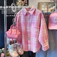 女童格子襯衫2024年夏季新款中大童時髦洋氣春款休閒長袖翻領外套