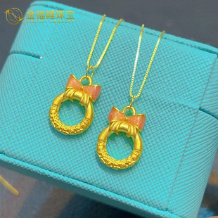 Popular Pure Gold 999 Fugitive Princess Gold Hoop Necklace Gold Painted Bow Pendant Birthday Gift Wholesale