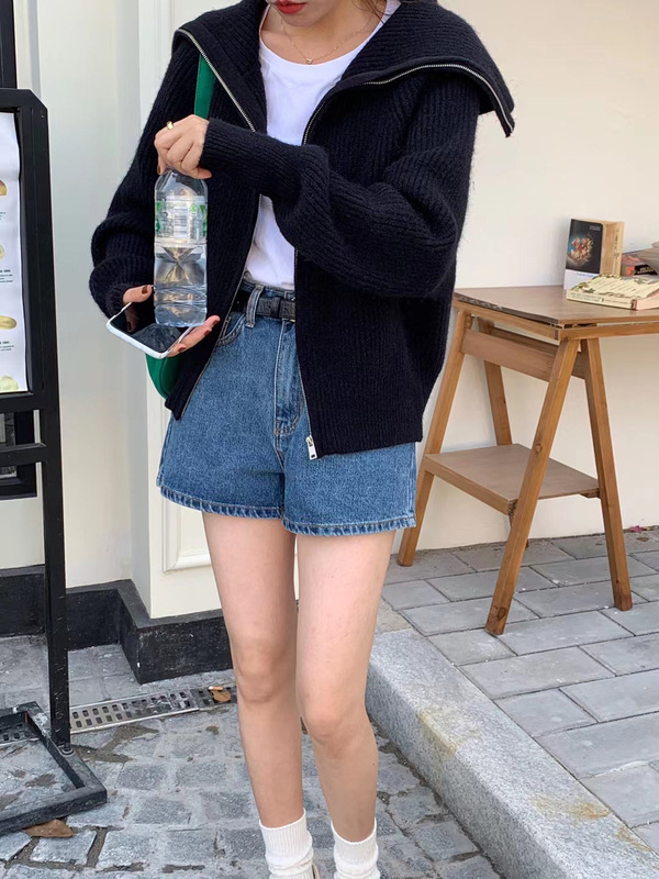 毛衣外套女开衫秋季新款韩系大翻领拉链纯色慵懒软糯宽松版针织衫|undefined