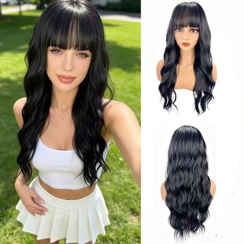 Amazon European and American Women's Wigs, Long Curly Hair with Bangs, Realistic and Natural, High-Temperature Synthetic Hair Wigs, In-Stock Wholesale Amazon European and American Women's Wigs, Long Curly Hair with Bangs, Realistic and Natural, High-Temperature Synthetic Hair Wigs, In-Stock Wholesale