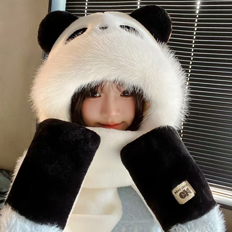 可爱卡通熊猫帽子围巾手套一体女秋冬毛绒保暖加绒加厚帽子三件套|undefined