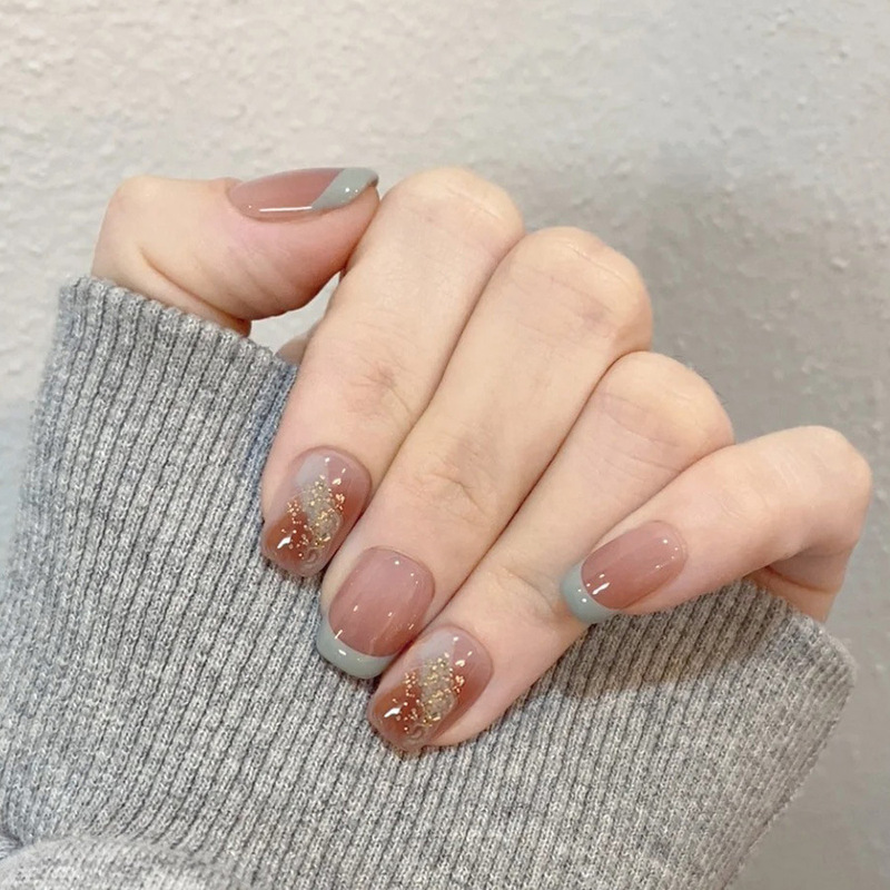 Amber Skinny Caramel Gold Foil Blue Grey French High Sense White Short 24 Pieces Wearable Nail Patch