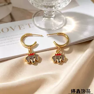 欧美钛钢圣诞节耳钉卡通可爱动物小狗麋鹿耳环轻奢高级钛合金耳饰