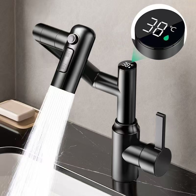 304 Stainless Steel Wash Basin Cold/Hot Water Faucet Mechanical Arm Multi-functional Rotating Three-mode Digital Display Faucet