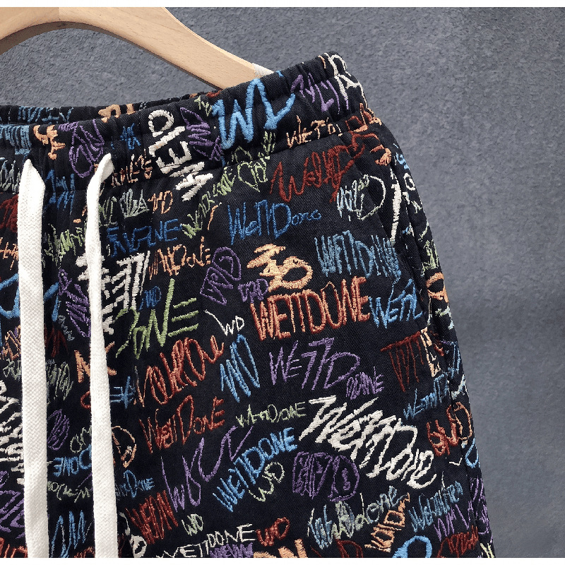 Retro Full Print Graffiti Lettering Men's Summer Shorts, High Street Loose Fit Straight Leg 5-Point Shorts_viptrois.com