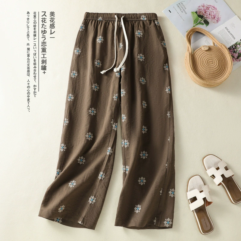 Хлопок и изогнутые брюки с принтом цвета карри женские летние новые японские ретро тонкие и прохладные микро-брюки 2025