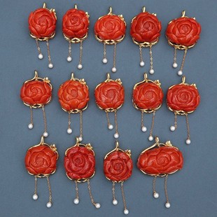 Fubei Diamond Jewelry [18K Gold Inlaid with Tiles Southwest Red Peony Flower Pendant] Bare Stone 16*20mm Full Flesh Persimmon Red