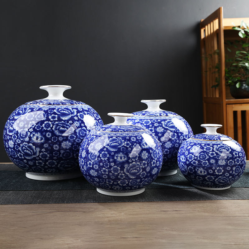 Large size ceramic tea canister with airtight seal, bulk tea packaging box, ornament, retro blue and white porcelain tea storage canister, wholesale
