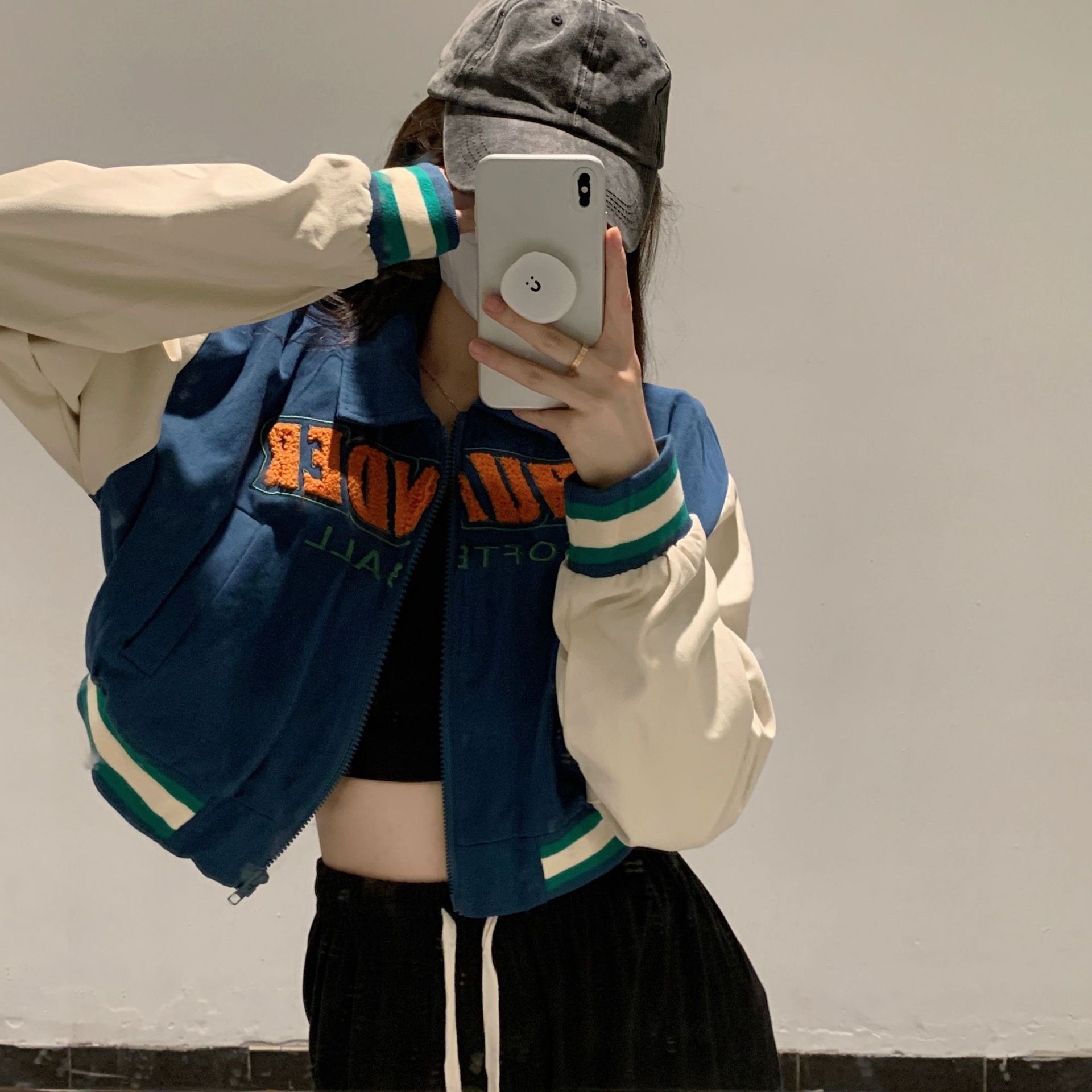 外贸虾皮美式复古辣妹短款vintage棒球服设计感小众夹克长袖外套