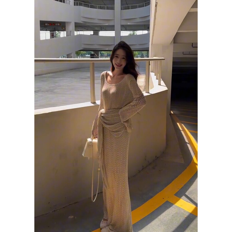 老钱风松弛感贵气穿搭镂空长袖罩衫上衣时尚半身裙套装|undefined