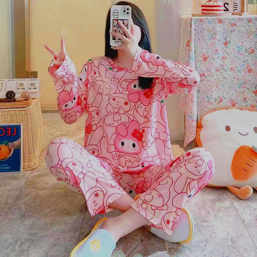 Women's Long-Sleeve and Long-Pants Cute Cartoon Sleepwear Set for Spring and Autumn