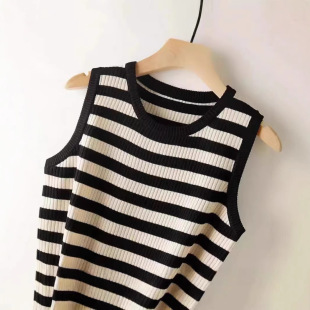 Camisole Women's Loose Spring and Summer Round Neck Ice Silk Sweater Striped Versatile Casual Street Sleeveless Top