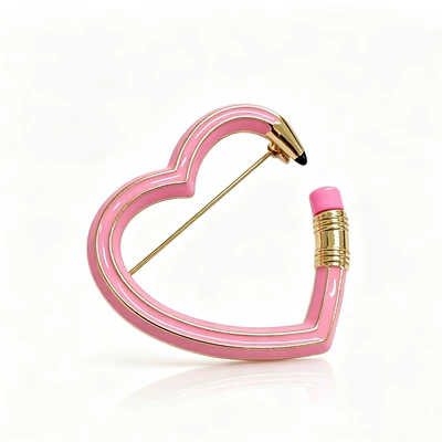 Pink pencil heart brooch, hollow heart-shaped enamel pin, unique design brooch for decorating blazers (Yaxa sancaqları)