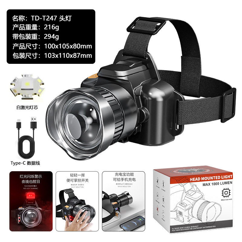 Luz transfronteriza al aire libre luz de pesca nocturna inducción lámpara de mina carga de emergencia USB iluminación inteligente montada en la cabeza faro zoom