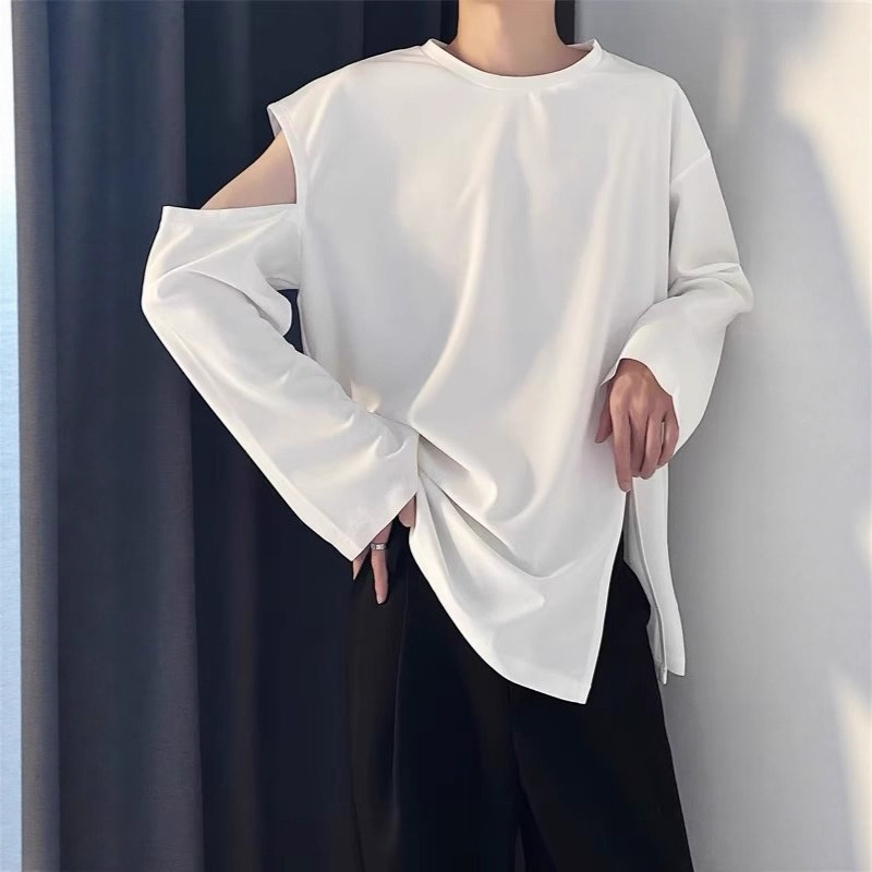 Trendy Niche Minimalist Men's High-End Ripped Off-Shoulder Top Spring and Autumn Long-Sleeve T-Shirt