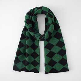 绿色菱形格子围巾女冬季日系学生保暖格子针织时尚围巾潮