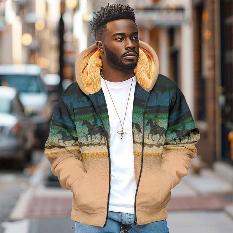 Cross-Border Men's Western-Style Jacket, Vintage Ethnic Print, Full-Zip Hooded, Geometric Pattern, Sporty Ethnic Style