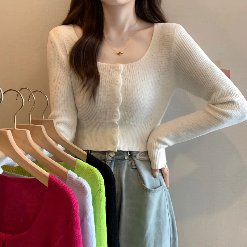 Длинный рукав, осенняя кардиган, короткий свитер, slim fit