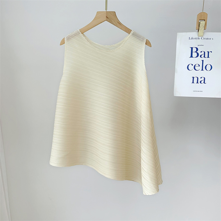 三宅流プリーツトップス レディース イレギュラーTシャツ ラウンドネック ノースリーブ ニッチ 快適 カジュアル ファッション 多用途