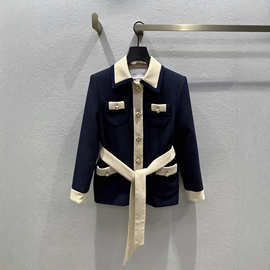 南油女装2025秋冬人丝提花里布单排扣海军蓝系带收腰翻领外套女