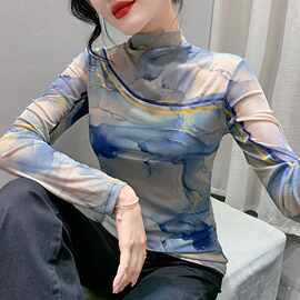 2023年秋季新款气质长袖油墨透气修身百搭遮肉T恤女半高领上衣潮
