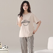 春夏季新款爽棉拉架女士短袖长裤套头睡衣运动休闲女家居服图片色