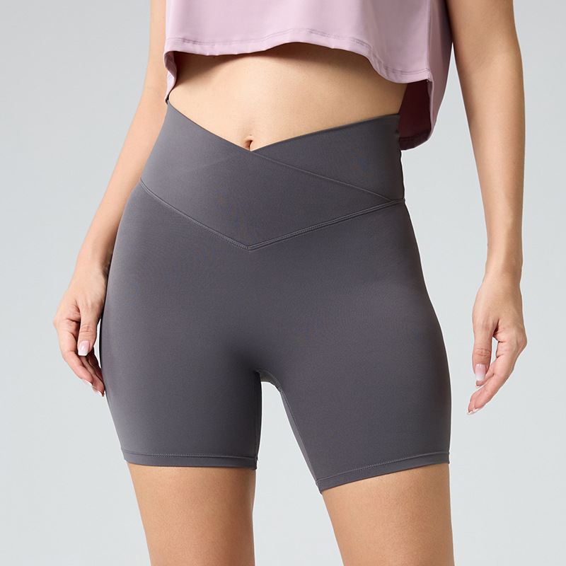 New Yoga Short-Sleeved Shorts with One-Sided Spandex, Comfortable and Breathable, Cross-Over High-Waisted Hip-Lifting Pilates Leggings
