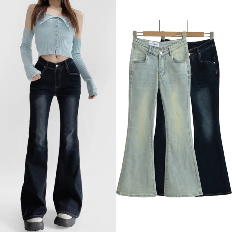 2024 Spring New Washed Nostalgic Micro-La Jeans Women's Spice Girls fleece-lined V-Waist Slim Stretch Trousers