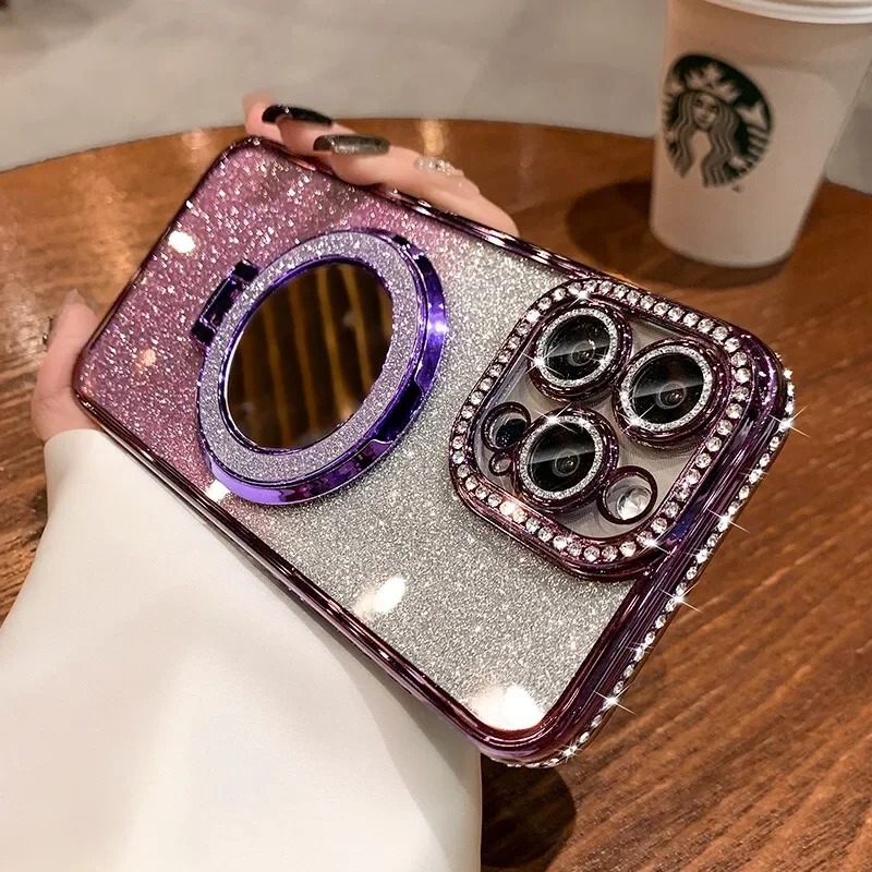 适用苹果17ProMax手机壳补妆镜iPhone16磁吸支架14闪粉边钻电镀15|undefined