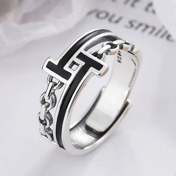 Yun Chao Xuan S925 Sterling Silver Jewelry Vintage Chain Dropping Glue T Letter Ring Cross-border Trend All-match Open Ring