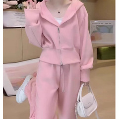 小个子粉色卫衣连帽休闲运动套装女网红炸街俏皮活泼直筒裤两件套