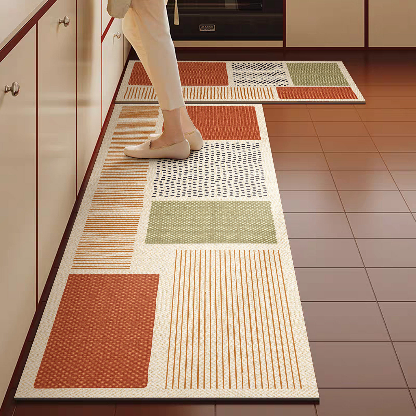 Cross-border Nordic-style geometric color-block long strip rug, kitchen oil-resistant, non-slip, absorbent, and stain-resistant floor mat, entryway decorative mat