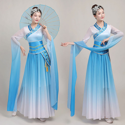 pink blue water sleeve chinese folk dance performance dress hanfu classic fairy princess dance dress for adult Jinghong dance clothing 