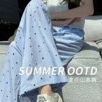 蓝色波点阔腿裤女夏季薄2025新款休闲小个子肌理感慵懒冰丝山本裤