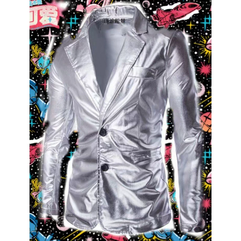Костюм AliExpress, мужская куртка, повседневная мужская серебристая одежда, весна и осень, яркая кожаная куртка больших размеров, мужская куртка, Мужская куртка