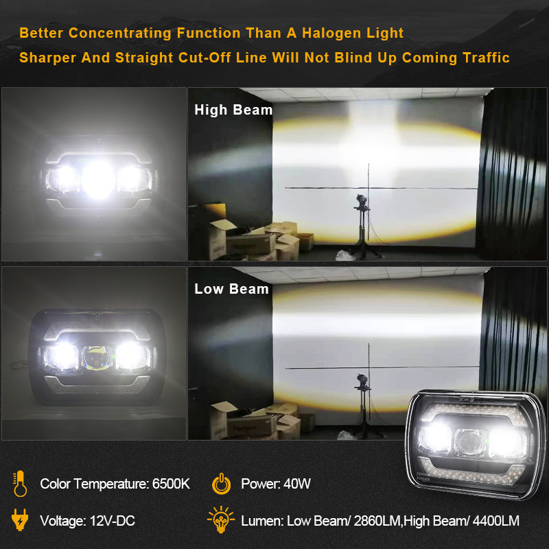 Cross-Border 5X 7inch Wrangler Rectangular Led Square Light with Turn Signal, High and Low Beam, Integrated Front Headlight and Drl