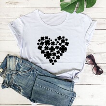 ebay 独立站 三叶草爱心印花 时尚宽松套头短袖T恤女装黑色