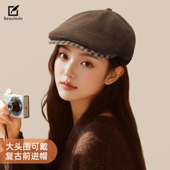 批发韩国2025年新款秋季拼色格纹加厚前进帽女大头围显脸小贝雷帽