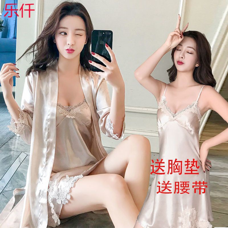 섹시한 스타일 잠옷 여자의 얇은 벨트 가슴 패드 7 소매 실크 잠옷 홈 옷 다른 단색 레이스 잠옷