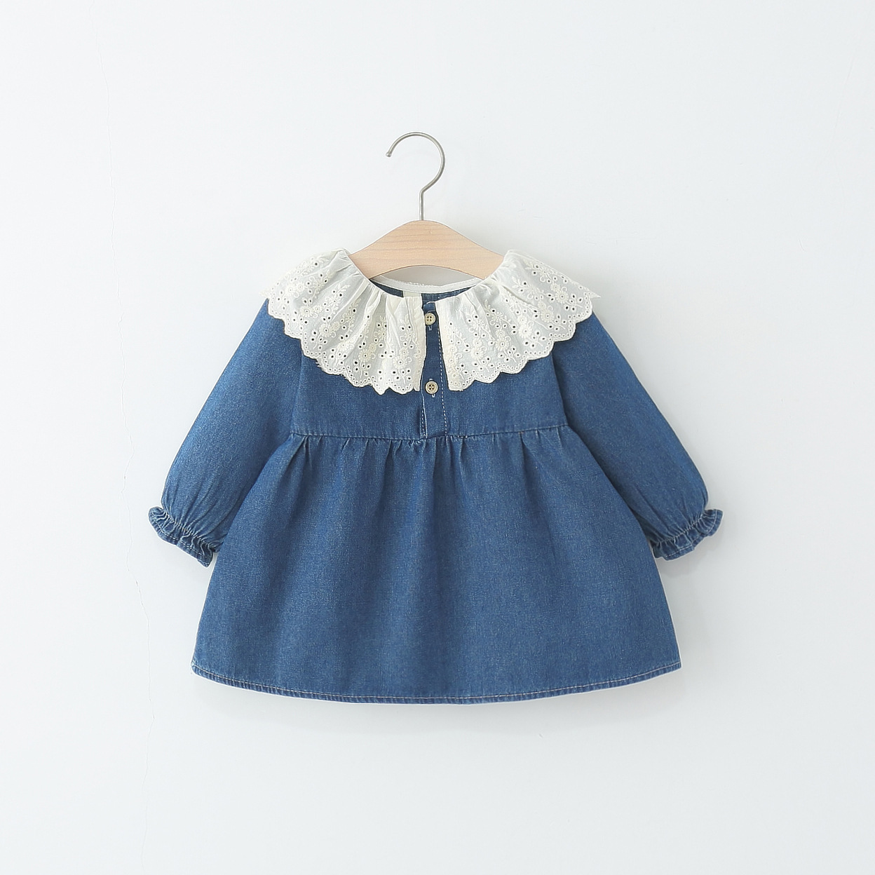 2025年夏季新款花边领长袖牛仔裙  女童纯色牛仔小裙子连衣裙