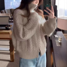 25秋冬新款山羊毛开衫女宽松慵懒翻领麻花毛衣外套拉链羊毛打底