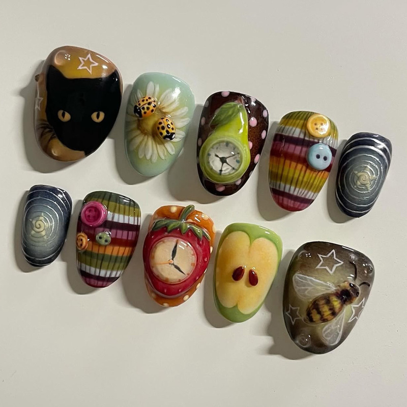 Cross-Border Hot-Selling Retro Fairy Tale Hand-Painted Wearable Nail Art Patch Stereo Relief Style Art Nail Patch Finished Product