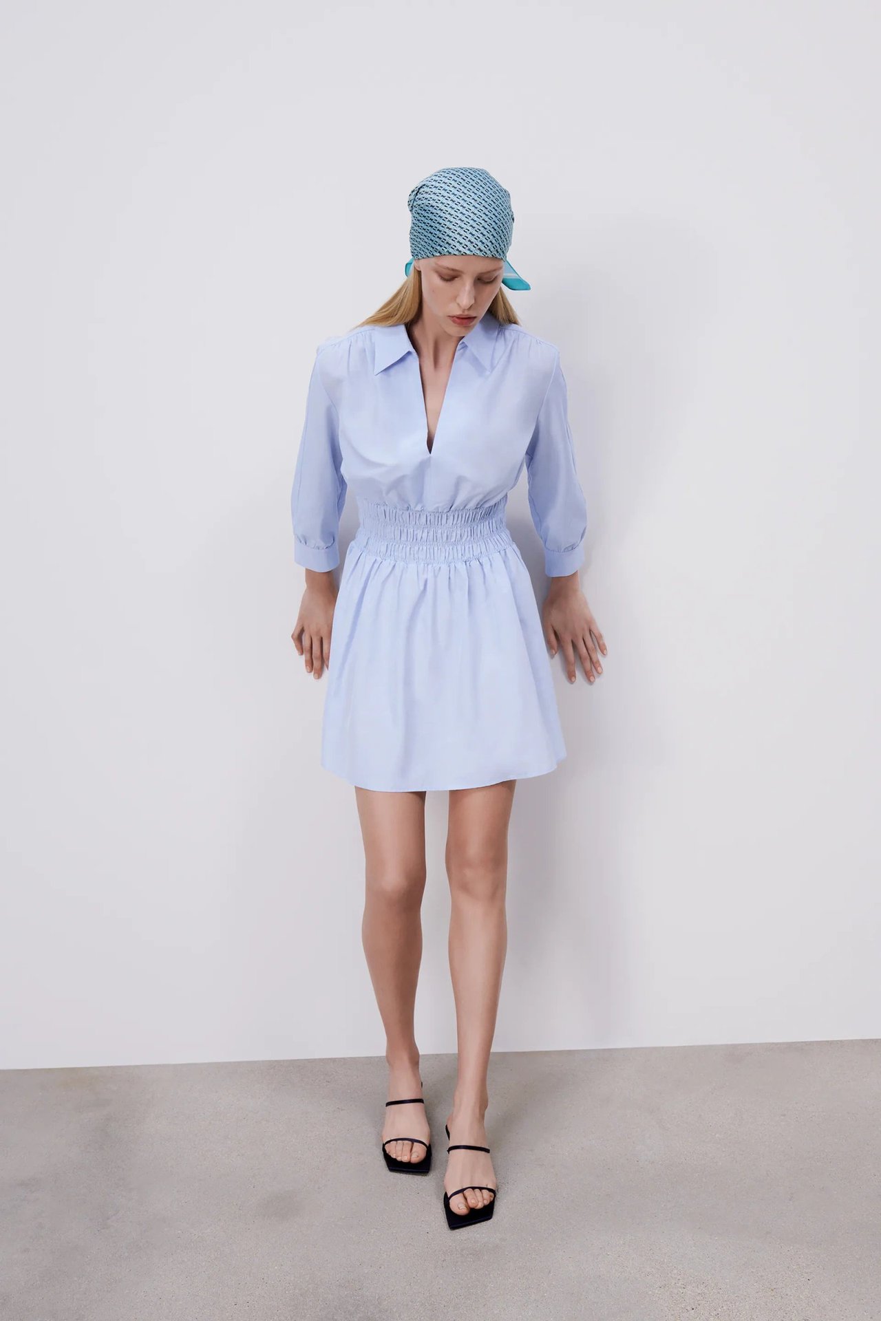 V-neck elastic waist simple shirt dress NSAM49527