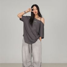 T恤女kpop跳舞街舞肩带散热面料短袖爵士潮牌宽松嘻哈上衣